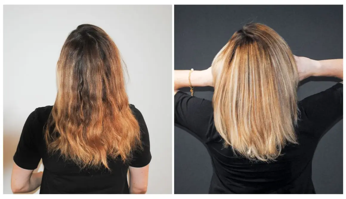 Vorher-Nachher-Vergleich: Blondes Haar wird durch Silbershampoo aufgehellt und erhält einen kühlen Ton.