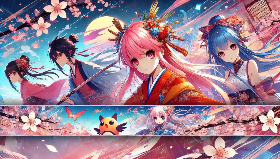 Anime-Charaktere mit Kirschblüten und Mond. Ein Junge mit Schwert, ein Mädchen mit rosa Haaren und ein Mädchen mit blauen Haaren.