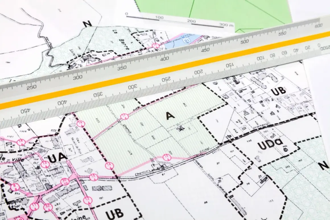 Plany miejscowe (mpzp) to szczegółowe mapy urbanistyczne. Na zdjęciu widać fragmenty takich map z naniesionymi działkami i liniami, a także linijkę geodezyjną.