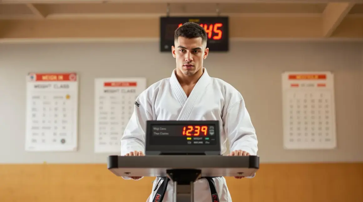 A martial artist in a white gi stands before a digital scale, ready for his weigh in. The scale displays "12:39" and "WEIGHT".