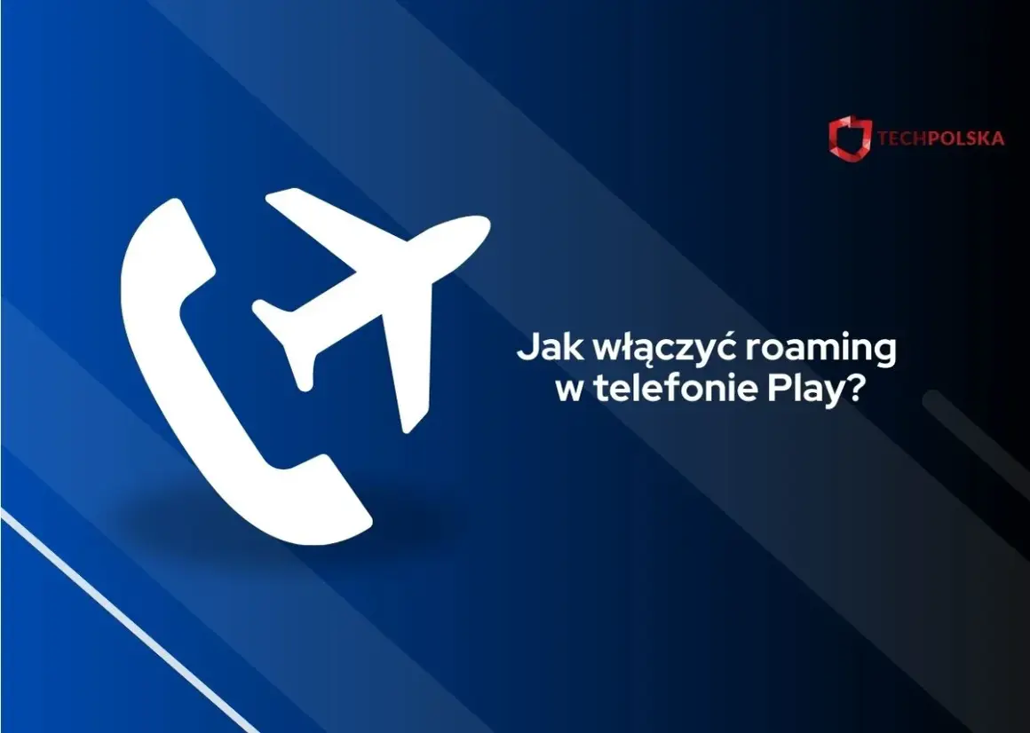 Ikona telefonu i samolotu na ciemnoniebieskim tle. Tekst: Jak włączyć roaming w telefonie Play?