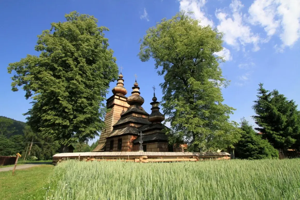 Drewniana cerkiew z kopułami na tle zieleni i błękitnego nieba, otoczona polami zbóż. Widok na Beskid Niski.