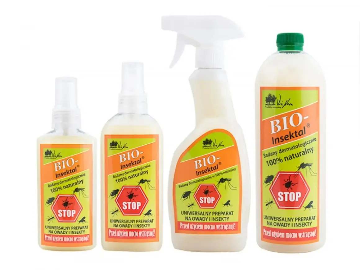 Skuteczny oprysk na komary do ogrodu: cztery butelki preparatu "BIO-Insektal" z grafiką owadów i napisem "STOP".