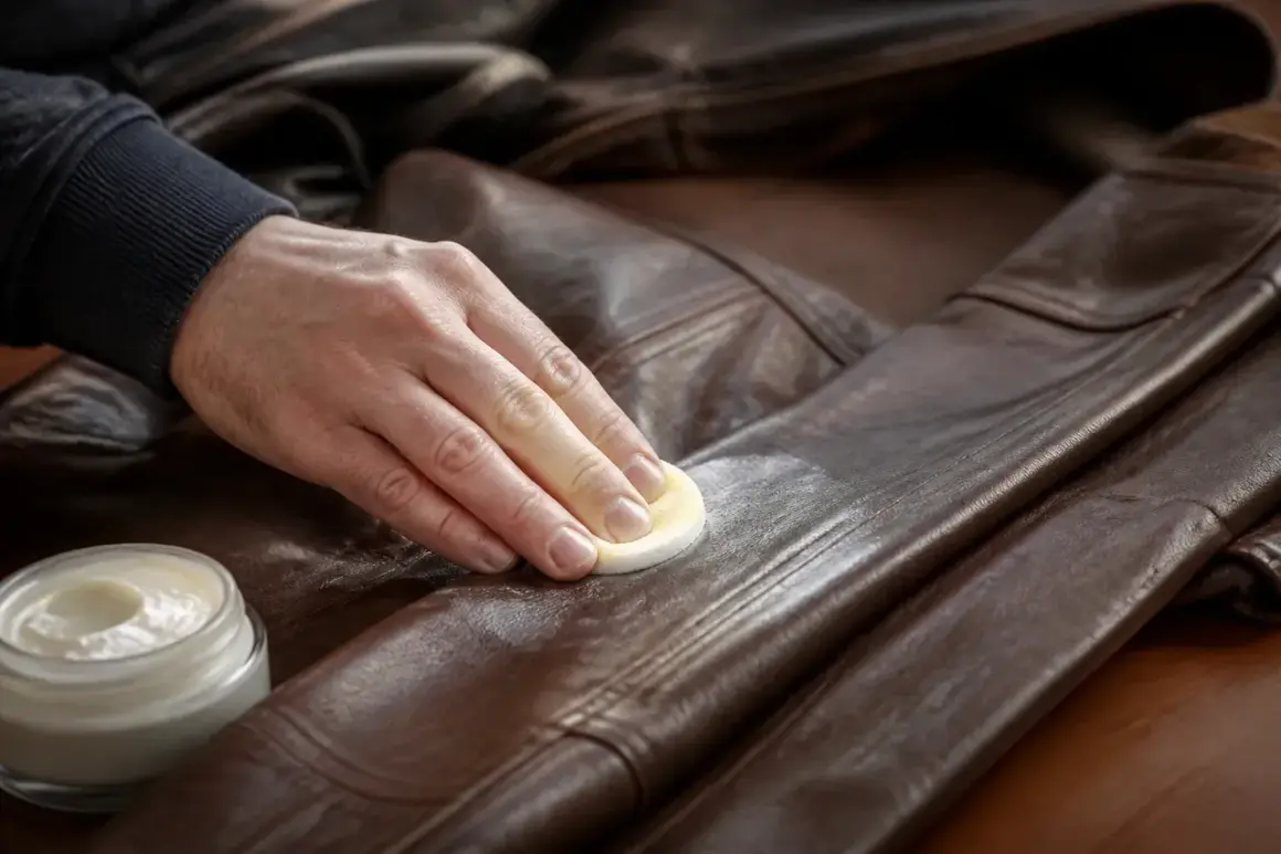 Main d'homme appliquant un produit sur une veste en cuir marron. Un pot de crème est visible. Nettoyer du cuir avec du lait est une astuce.