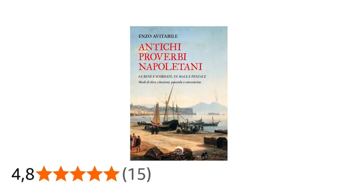 Copertina del libro "Antichi proverbi napoletani" di Enzo Avitabile, con un paesaggio marittimo e il Vesuvio sullo sfondo. Un'immersione nei proverbi napoletani sull'invidia.