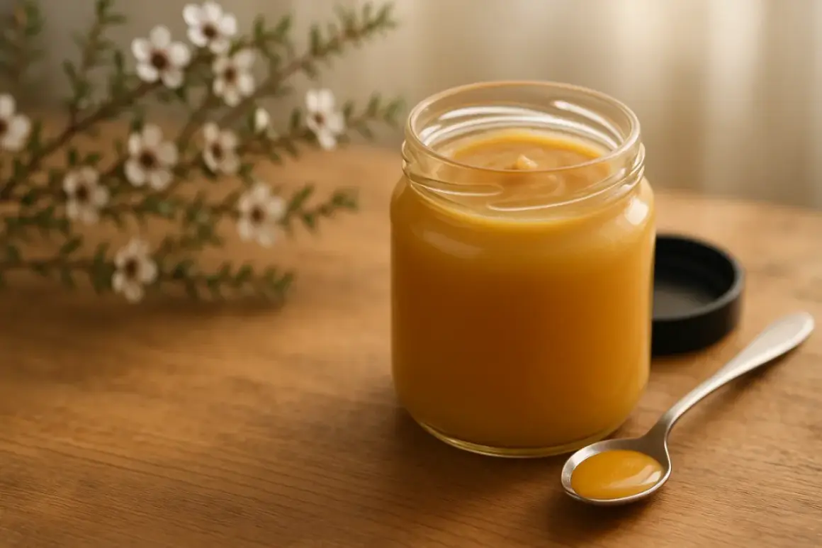 Ein Glas Manuka Honig steht auf einem Holztisch, daneben ein Löffel mit Honig. Die natürliche Manuka honig anwendung ist vielseitig.