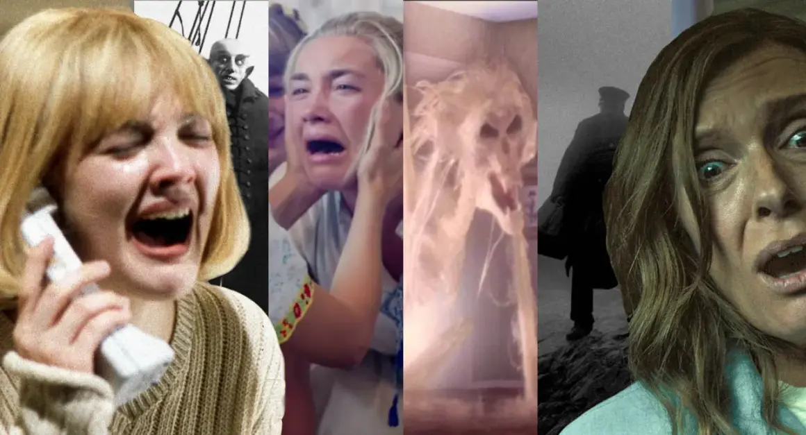 Kadr z popularnych horrorów: przerażone twarze, wampir, duch i sylwetka w mgle.