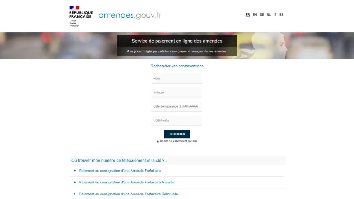 Page de paiement des amendes. Recherchez vos contraventions, y compris une amende forfaitaire, via ce service sécurisé.