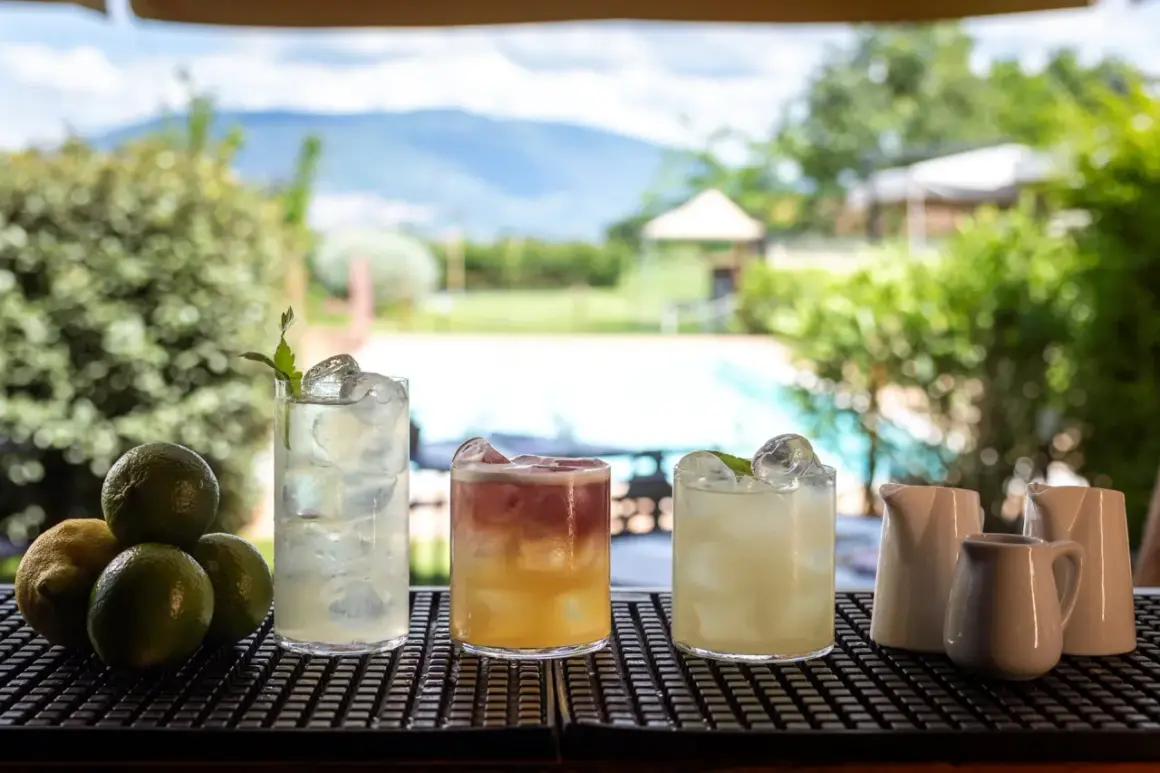 Tre cocktail rinfrescanti con limoni e lime, pronti per una serata figa in un disco pub con vista piscina.