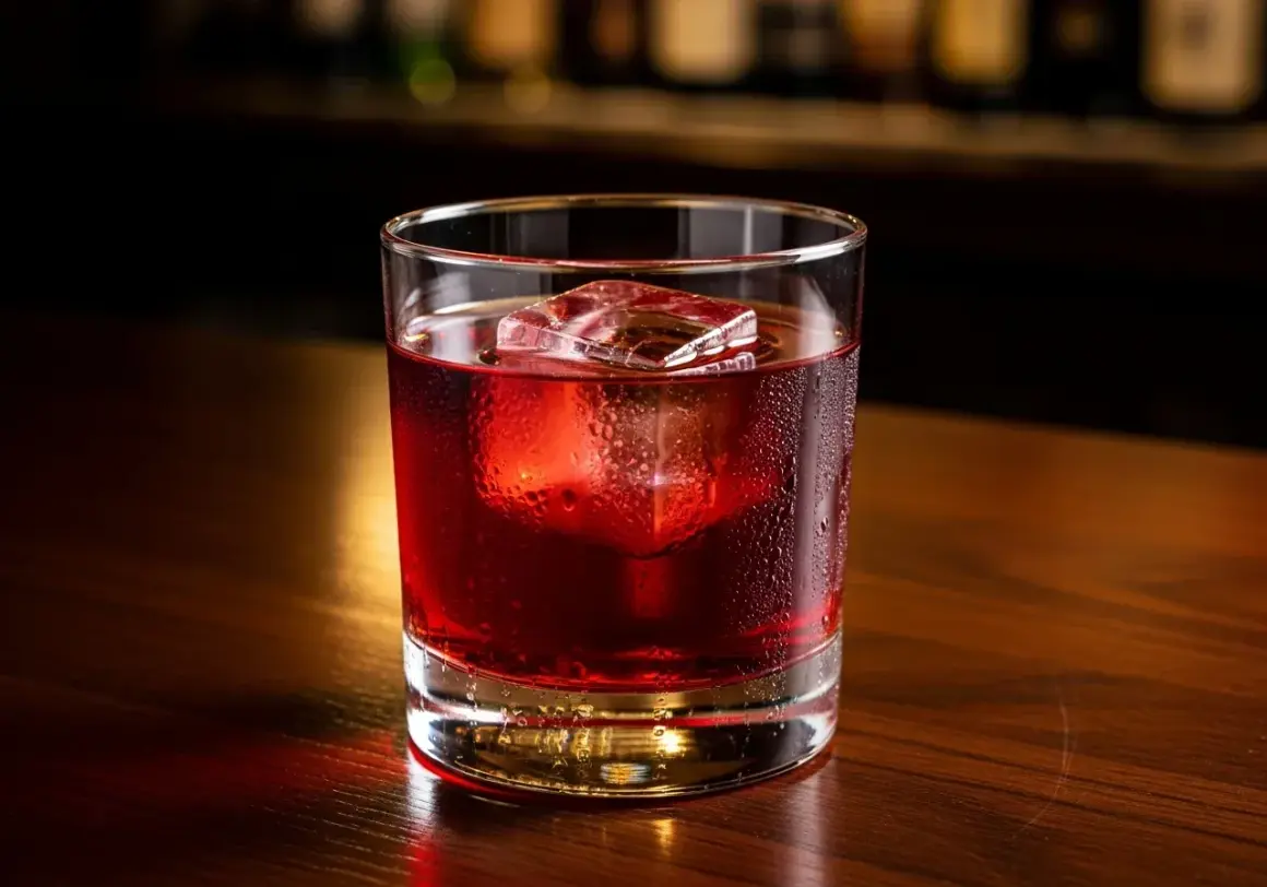 Ett glas med en röd negroni, isbitar och kondens på glaset, på en träyta. Perfekt för ett negroni recept.