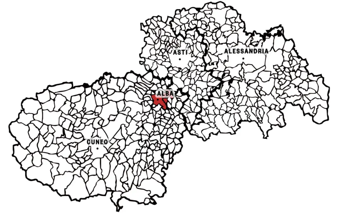 Mappa del Piemonte con Alba evidenziata in rosso. Qui si trovano le origini del pregiato vino Barbaresco, noto per le sue caratteristiche uniche.