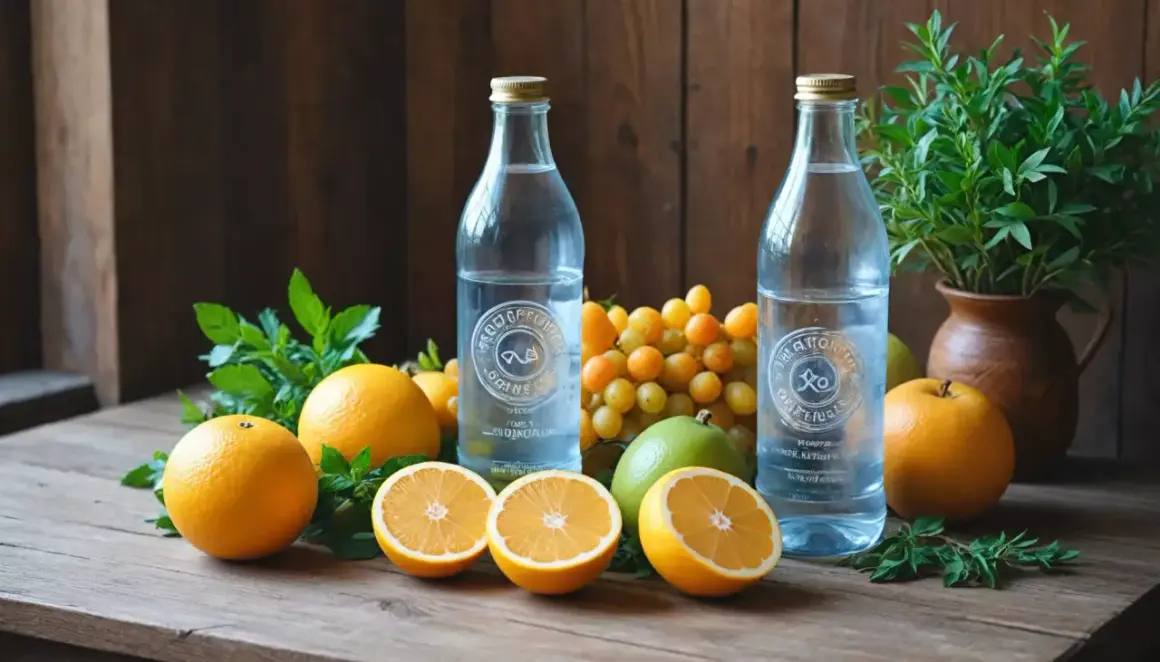 Dwie butelki wody Borjomi, cytrusy i winogrona na drewnianym stole. Ile pić wody Borjomi? Zależy od potrzeb.