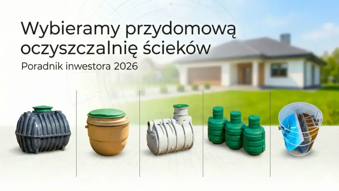 Różne rodzaje przydomowych oczyszczalni ścieków na tle domu.