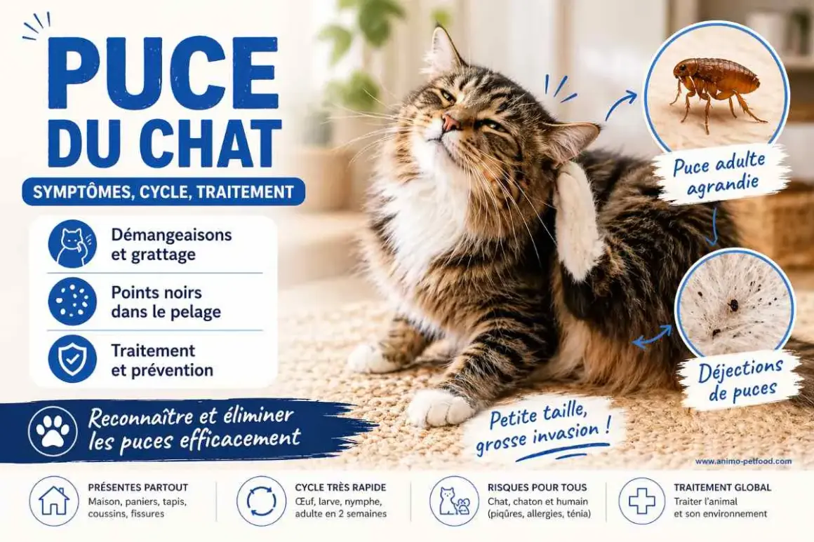 Un chat se gratte, victime de puces. L'image détaille symptômes, cycle et traitement, suggérant un produit anti puce chat maison efficace.