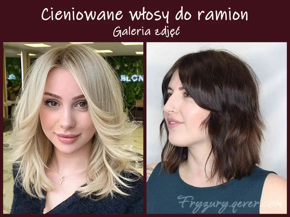 Dwie kobiety prezentują modne fryzury: blond włosy do ramion cieniowane i ciemne, falowane włosy do ramion cieniowane.