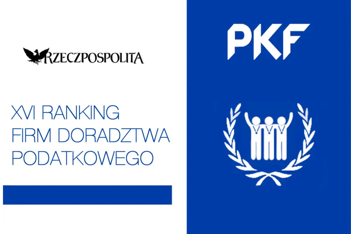 Logo Rzeczpospolitej, tekst "XVI RANKING FIRM DORADZTWA PODATKOWEGO" i logo PKF z wieńcem laurowym.