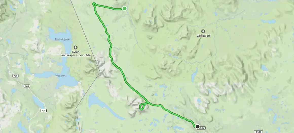 Karta över en vandringsled mellan Blåhammaren och Storulvån, genom Sylene landskapsvernområde.