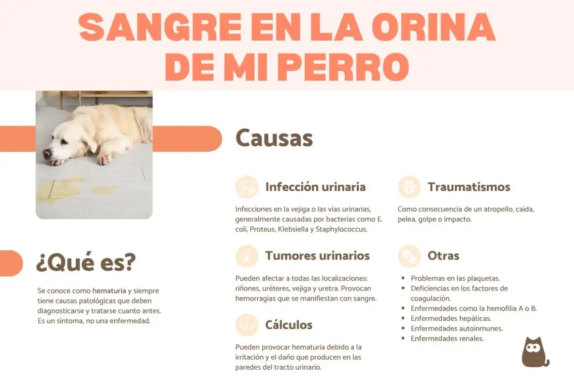 Perro con sangre en la orina. Causas: infección urinaria, tumores, cálculos, traumatismos. No hay tratamiento casero, consulta al veterinario.