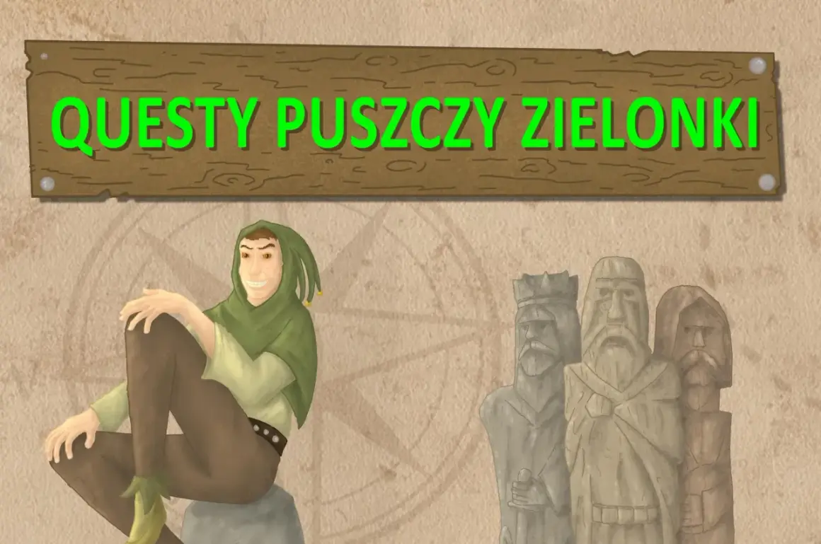 Wesoły błazen zaprasza na "Questypuszczy zielonki". Obok niego stoją kamienne posągi.