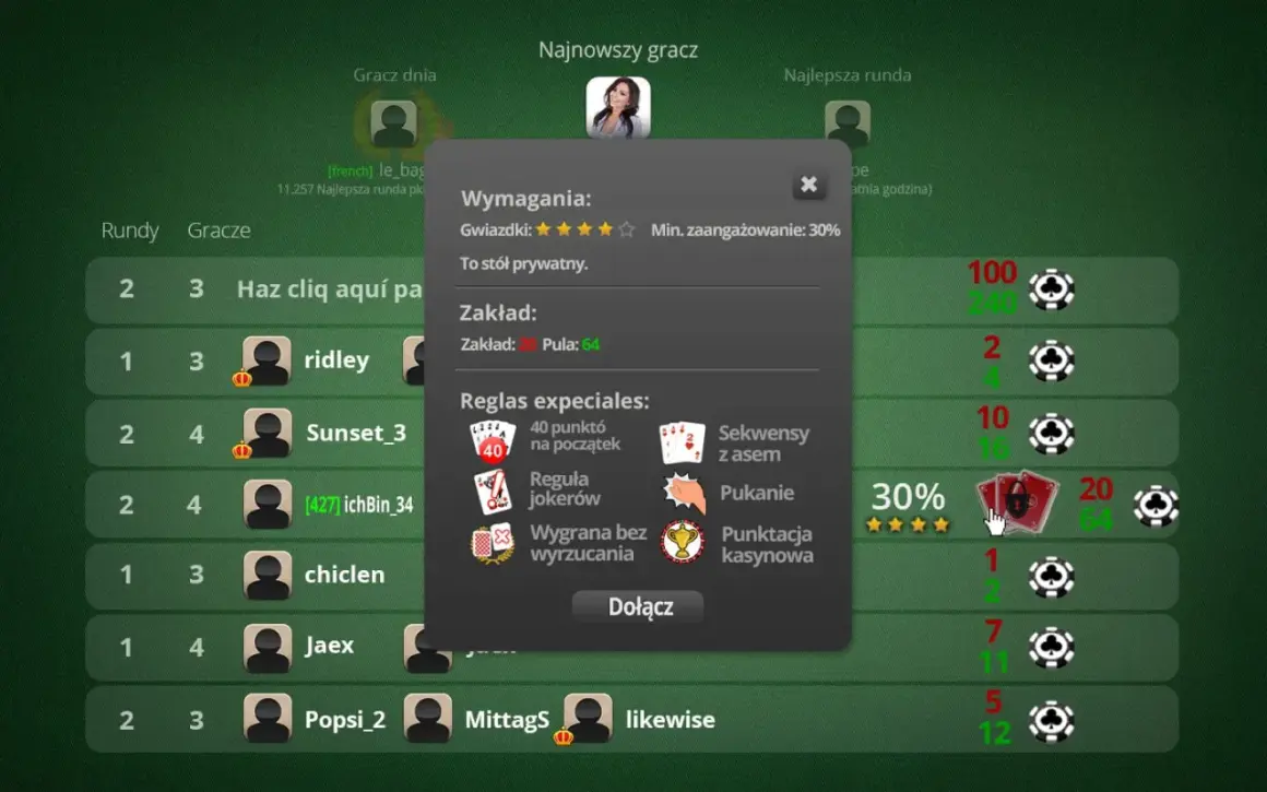 Gra w pokera online. Na ekranie widać stół, graczy i okno z zasadami gry. Remi gra z innymi graczami.