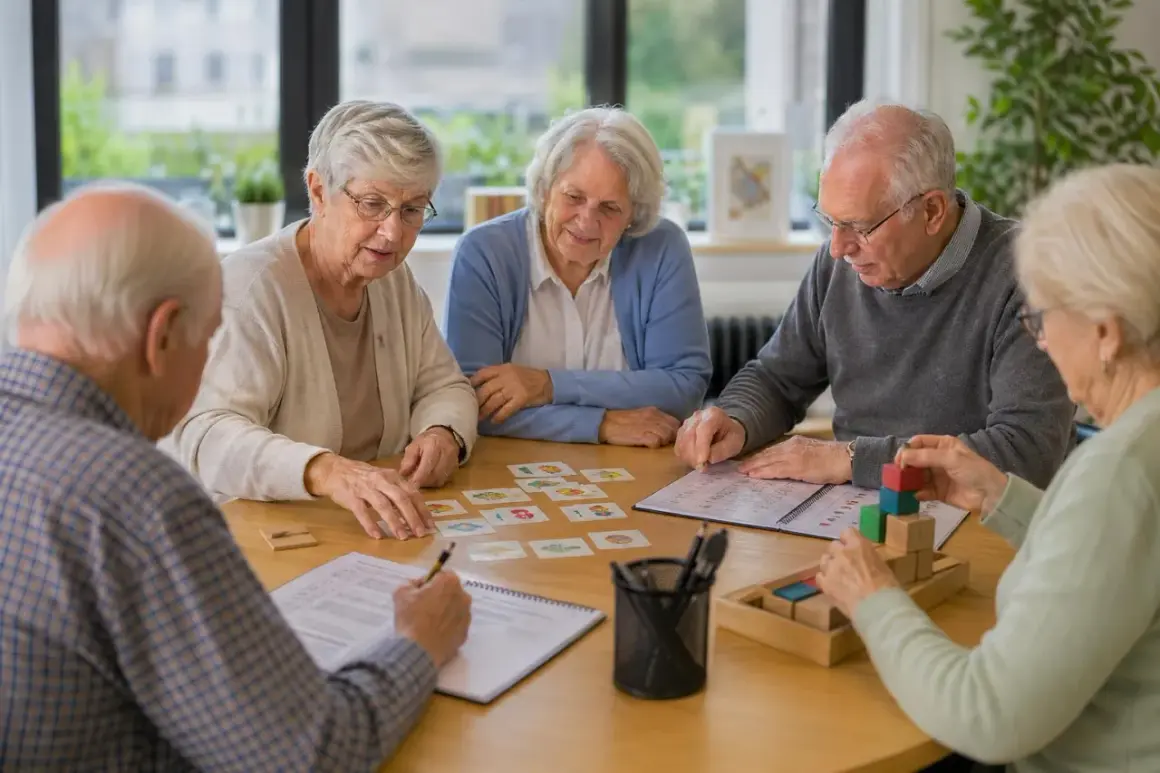Cinq seniors participent à un exercice de remédiation cognitive, jouant avec des cartes et des blocs pour stimuler leur mémoire.