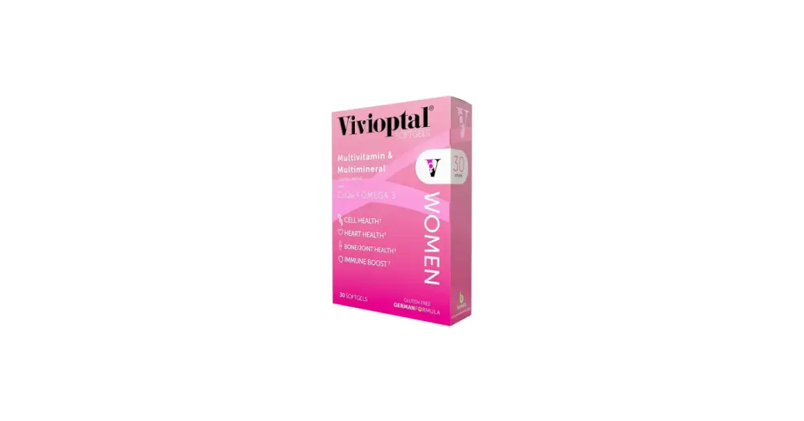Pudełko suplementu diety Vivioptal dla kobiet, z napisem "Multivitamin & Multimineral" i ikonami korzyści.