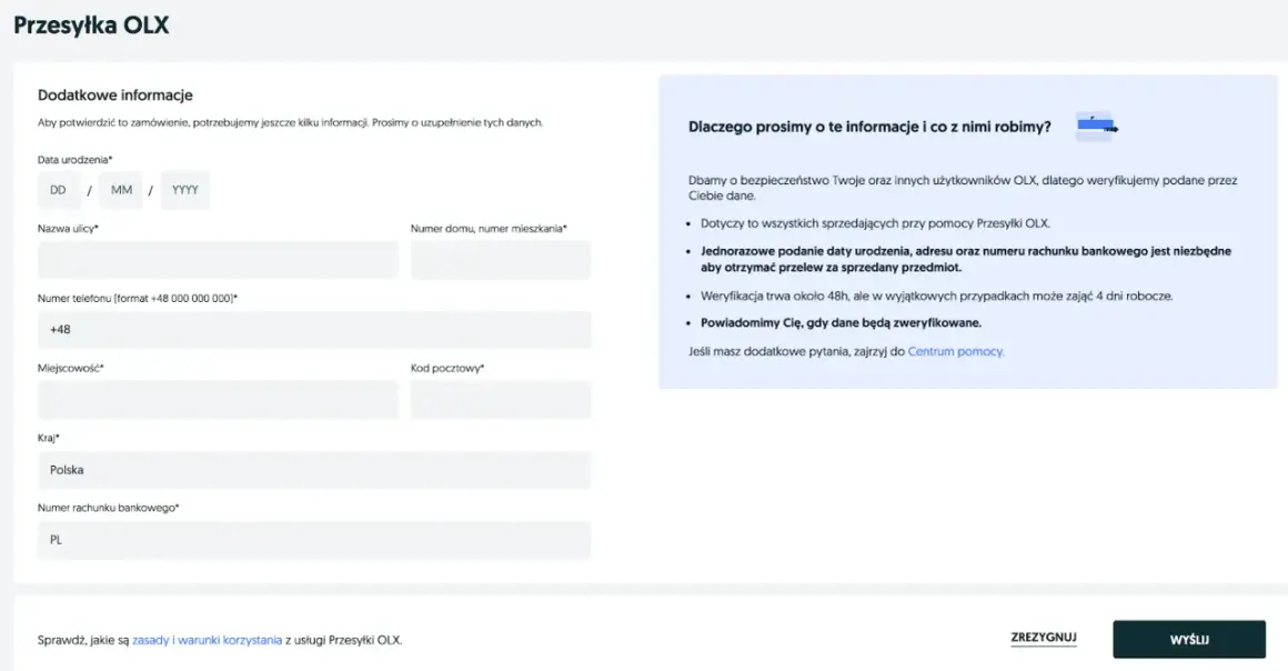 Formularz uzupełniania danych do przesyłki OLX: data urodzenia, adres, numer telefonu i konta bankowego.