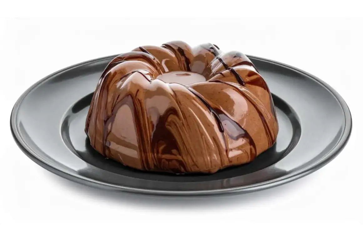 Bavarese al cioccolato con glassatura lucida e striature di cioccolato fondente su piatto scuro.