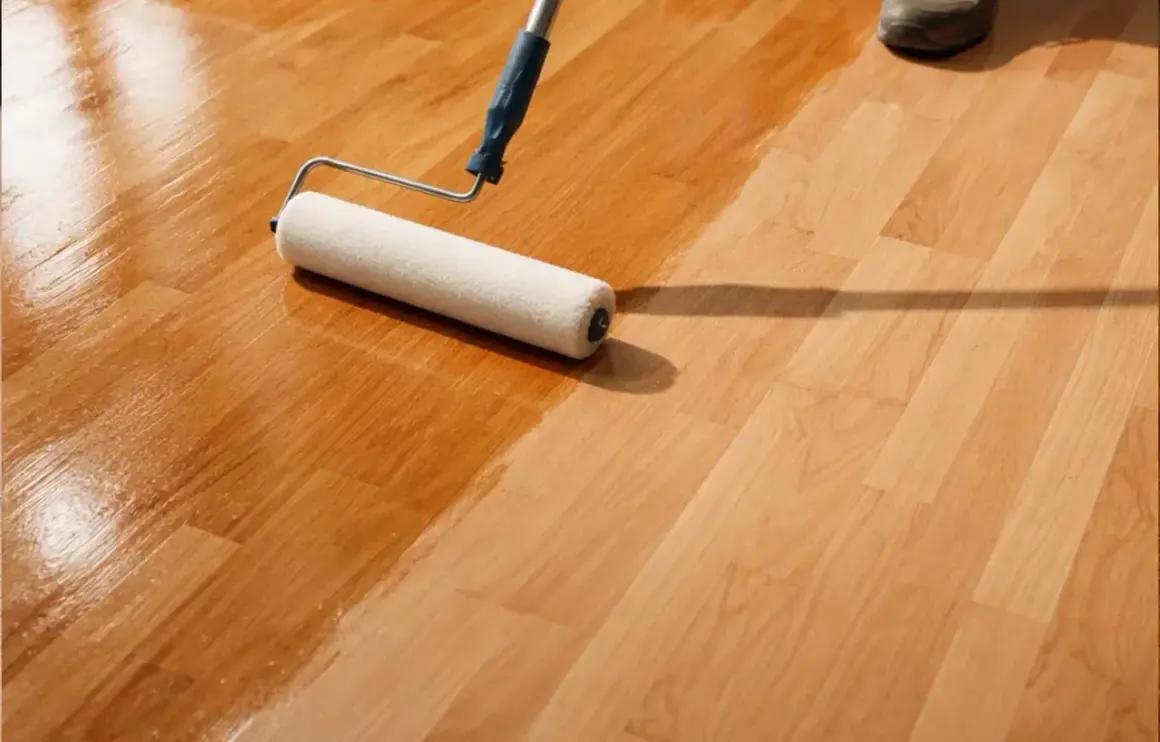 Rullo applica verniciatura poliuretanica su parquet. La finitura lucida protegge il legno.
