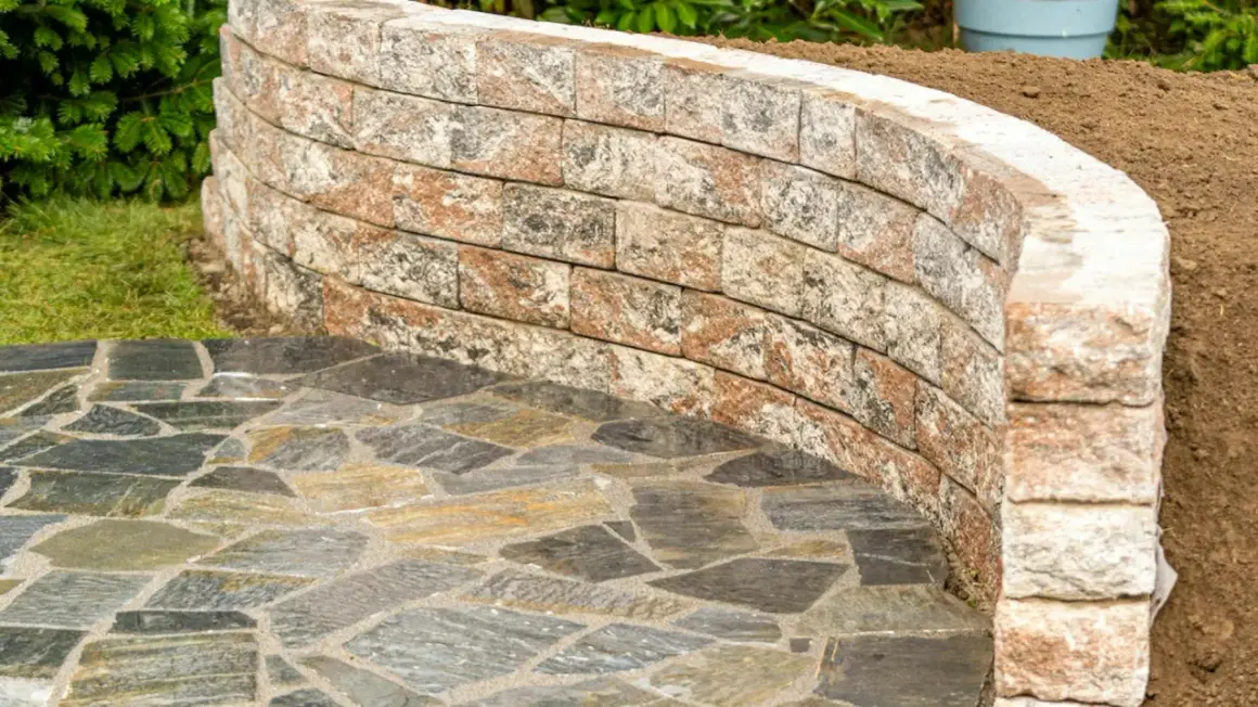 Muretto curvo in pietra per giardino, con pavimentazione irregolare in ardesia. Belle idee per muretti da giardino.
