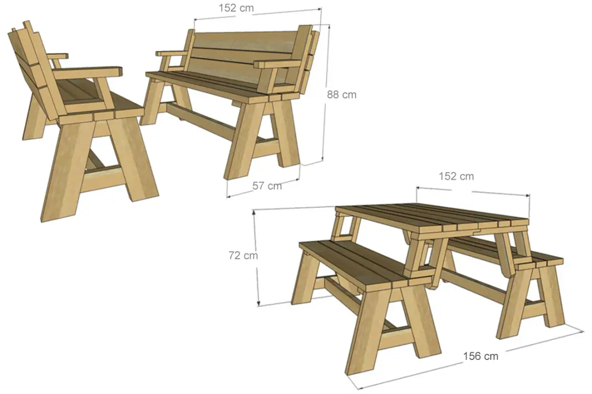 Disegni tecnici di panche in legno fai da te, con misure indicate. Un set include una panca singola e una panca doppia con tavolo integrato.