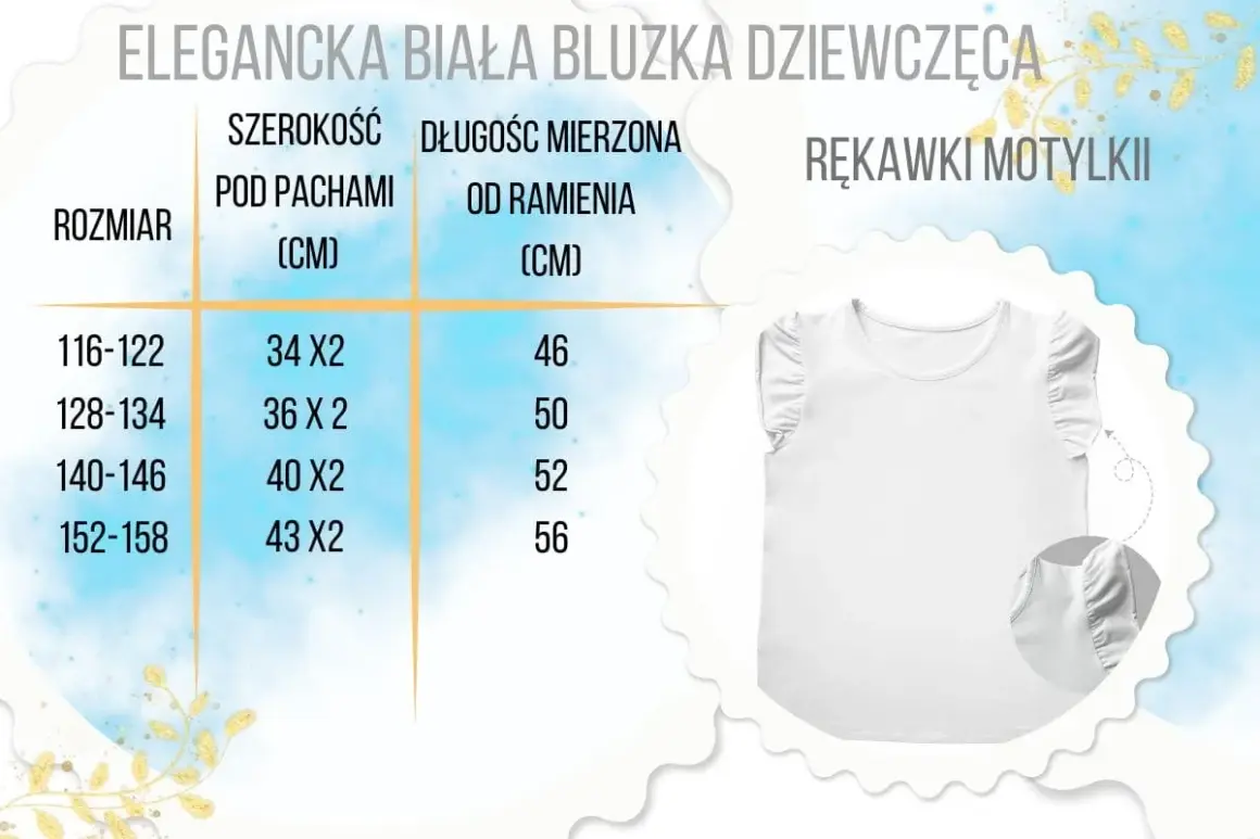 Biała bluzka dziewczęca z rękawami motylkami i tabelą rozmiarów.