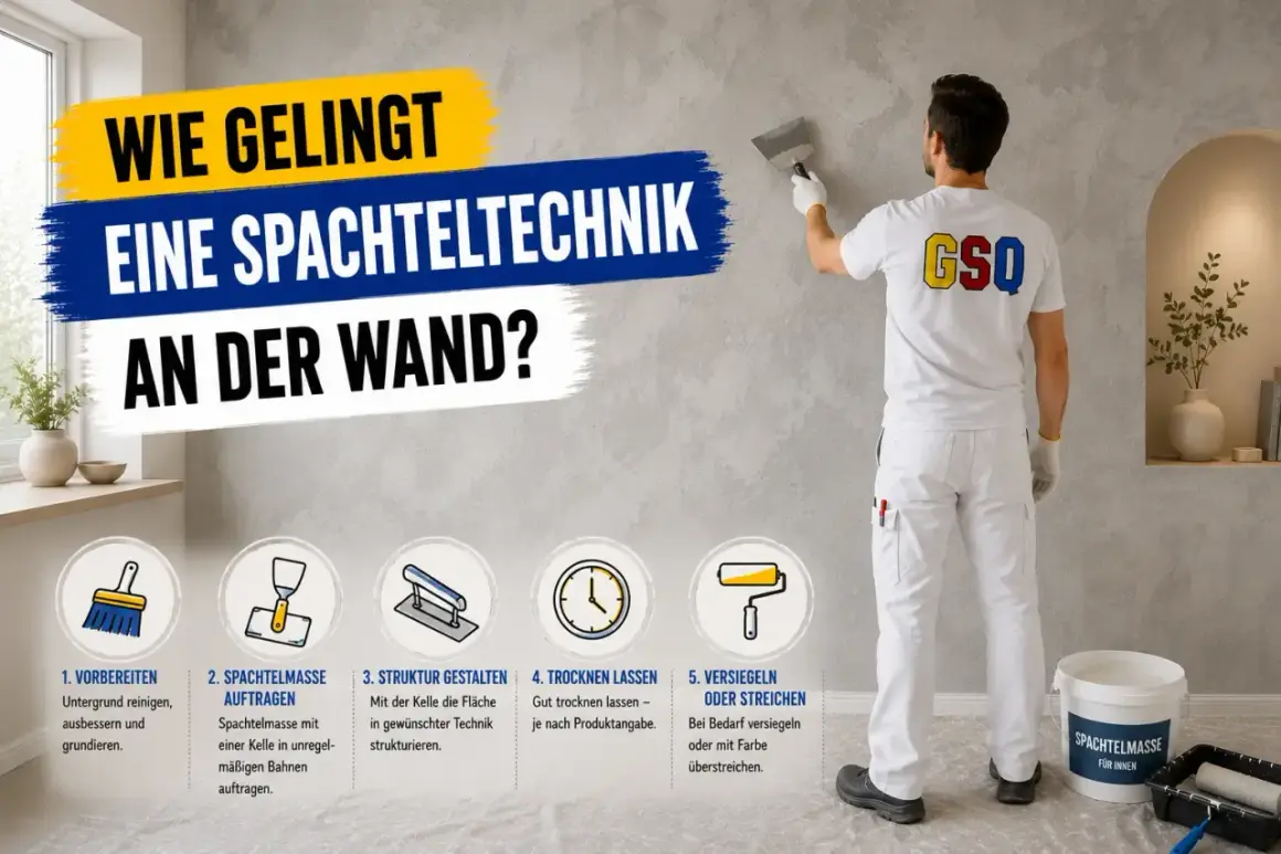 Mann mit Spachtel an Wand. Anleitung: Vorbereiten, Spachtelmasse auftragen, Struktur gestalten, trocknen lassen, versiegeln oder streichen. Nicht immer muss man die ganze Wand streichen.