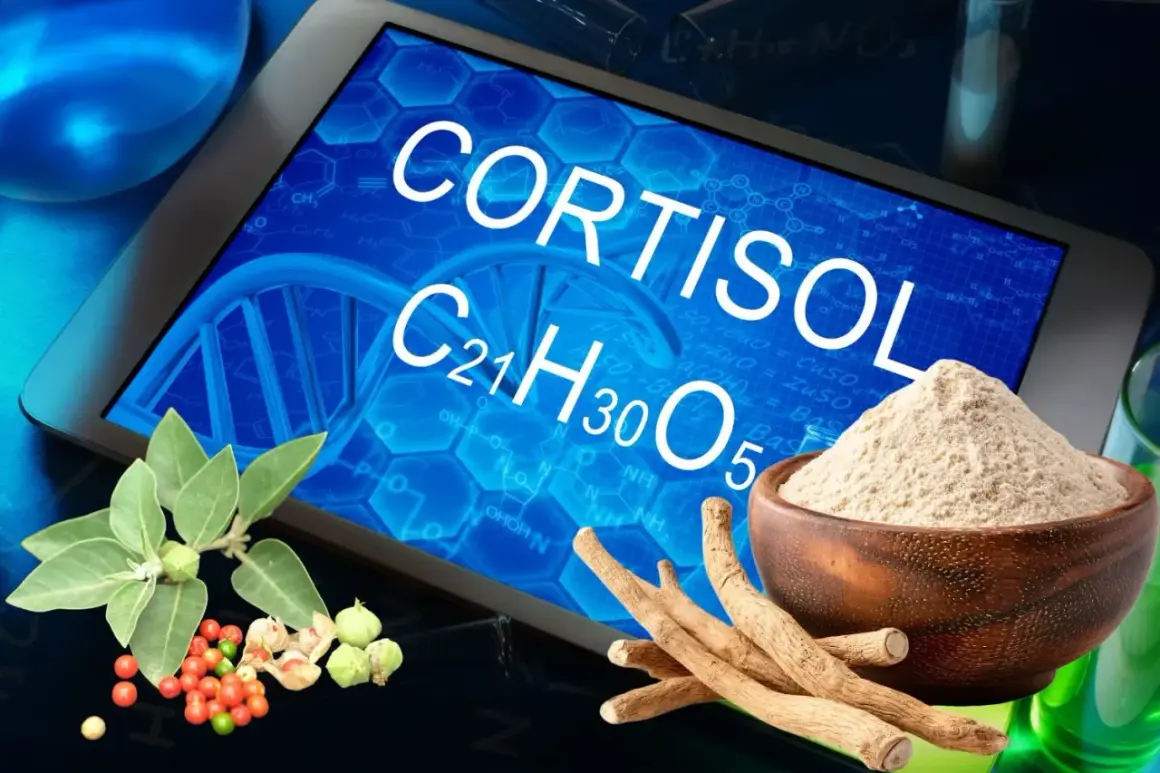 Ashwagandha i kortyzol. Na ekranie tabletka z napisem "CORTISOL", obok korzenie i proszek ashwagandhy.