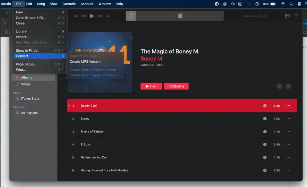Apple Music app on Mac showing the "Convert" menu open, with "Create MP3 Version" highlighted, ready to convert audio files.