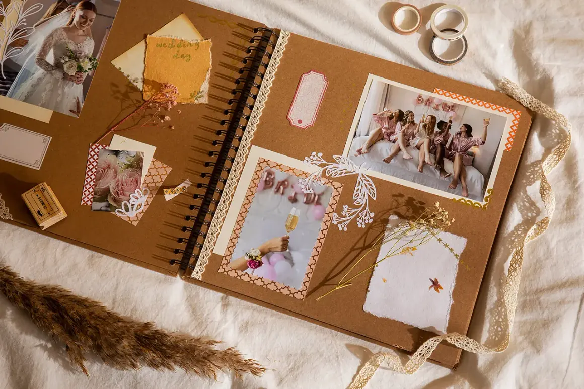 Inspirujące scrapbooking pomysły na ślub: panna młoda, druhny, balony "BRIDE", kwiaty i ozdobne taśmy.