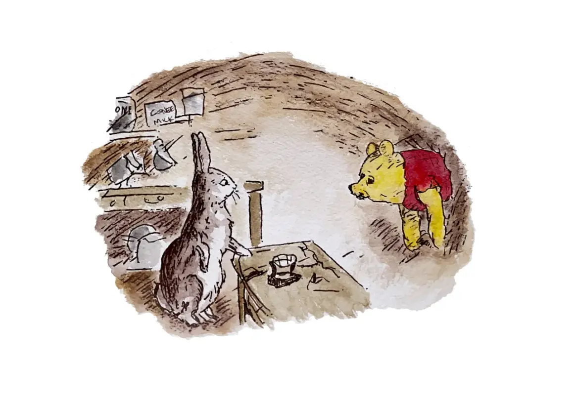 Winnie the Pooh original illustrations: Rabbit stands in his burrow, looking at Pooh Bear. Shelves with jars are visible.
