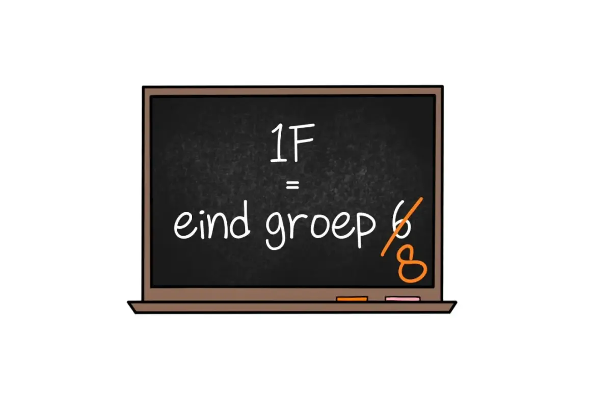 Zwart schoolbord met tekst: 1F = eind groep 6/8. Dit suggereert een rekenopgave voor 1F niveau, mogelijk voor groep 8.