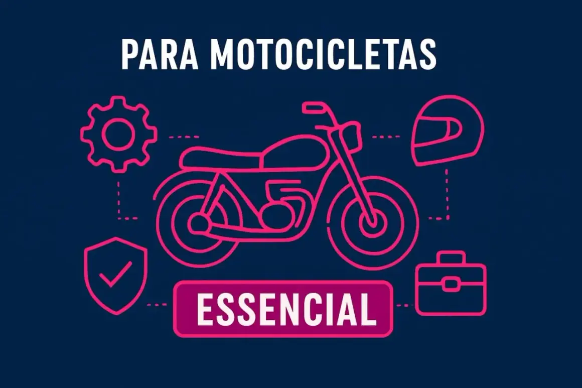 Ilustración de una moto, casco, maletín y engranaje. Todo es esencial para la mejor moto.