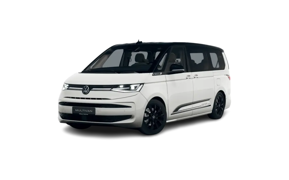 Biały Volkswagen Multivan T7 z czarnym dachem i felgami, na czarnym tle.