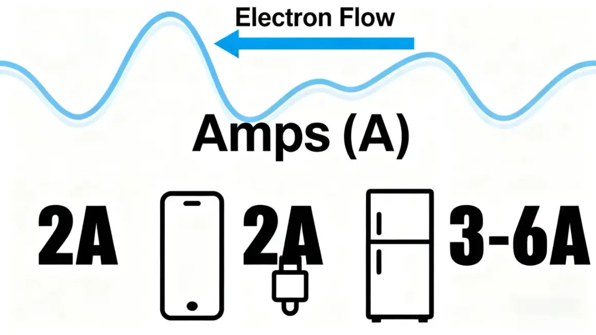 Amper jednostka: 2A dla telefonu, 2A dla ładowarki, 3-6A dla lodówki. Wykres pokazuje przepływ elektronów.