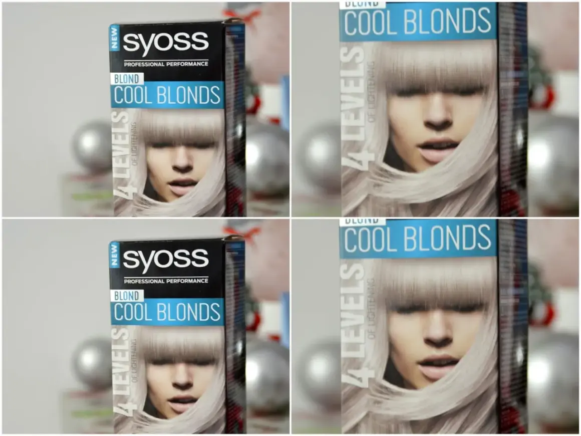 Pudełko farby Syoss Cool Blonds, obiecujące 4 poziomy rozjaśnienia dla idealnego blondu.