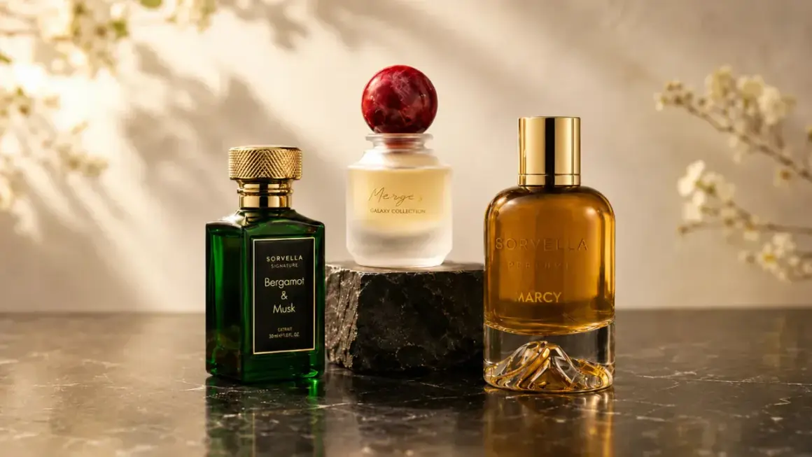 Trzy flakony perfum: zielony "Bergamot & Musk", matowy "Merge" z czerwoną kulką i bursztynowy "Marcy". Wyczuwalny zapach cytrusowy.