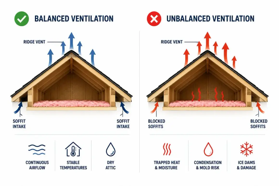 Balanced attic ventilation with soffit intake allows continuous airflow, unlike blocked soffits which trap heat and moisture.