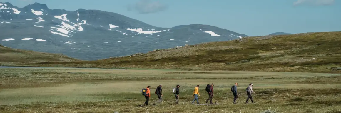 Vandring i fjällandskap med snöklädda toppar, en grupp vandrare med ryggsäckar rör sig över en gräsbevuxen slätt mot Helags Sylarna.