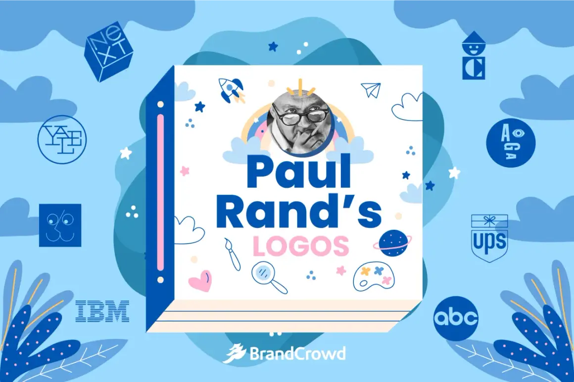 A collage celebrating Paul Rand's logos, featuring his portrait and iconic designs like IBM, UPS, and ABC, set against a whimsical blue background with clouds and stars.
