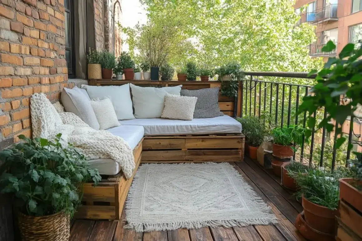 Przytulny balkon z sofą z palet i mnóstwem roślin. Idealne miejsce, by dowiedzieć się, jak osłonić balkon i stworzyć zieloną oazę.