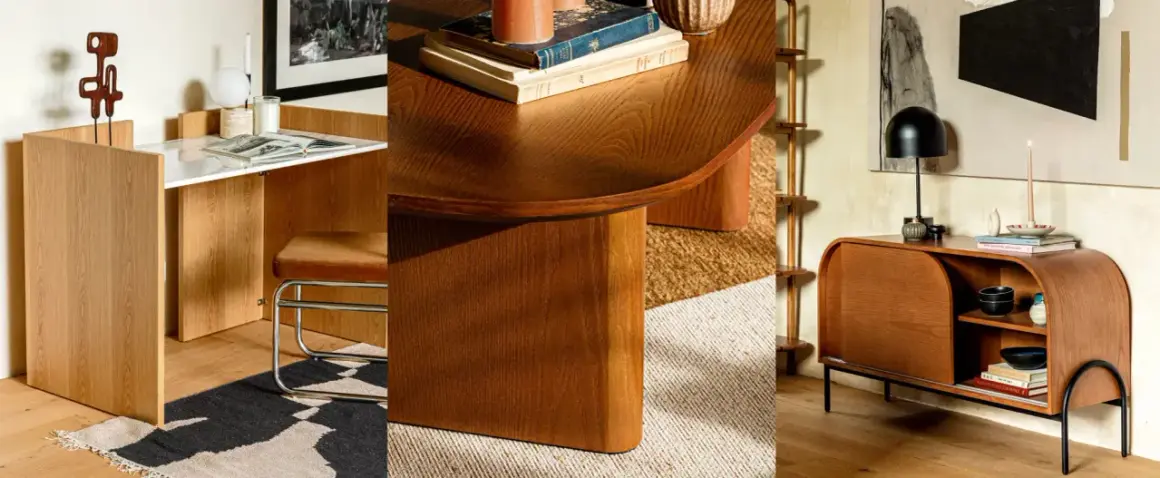 Arredamento in legno noce con dettagli in marmo e metallo. Idee per colori da abbinare al legno noce: bianco, nero, tonalità terra e accenti di colore.