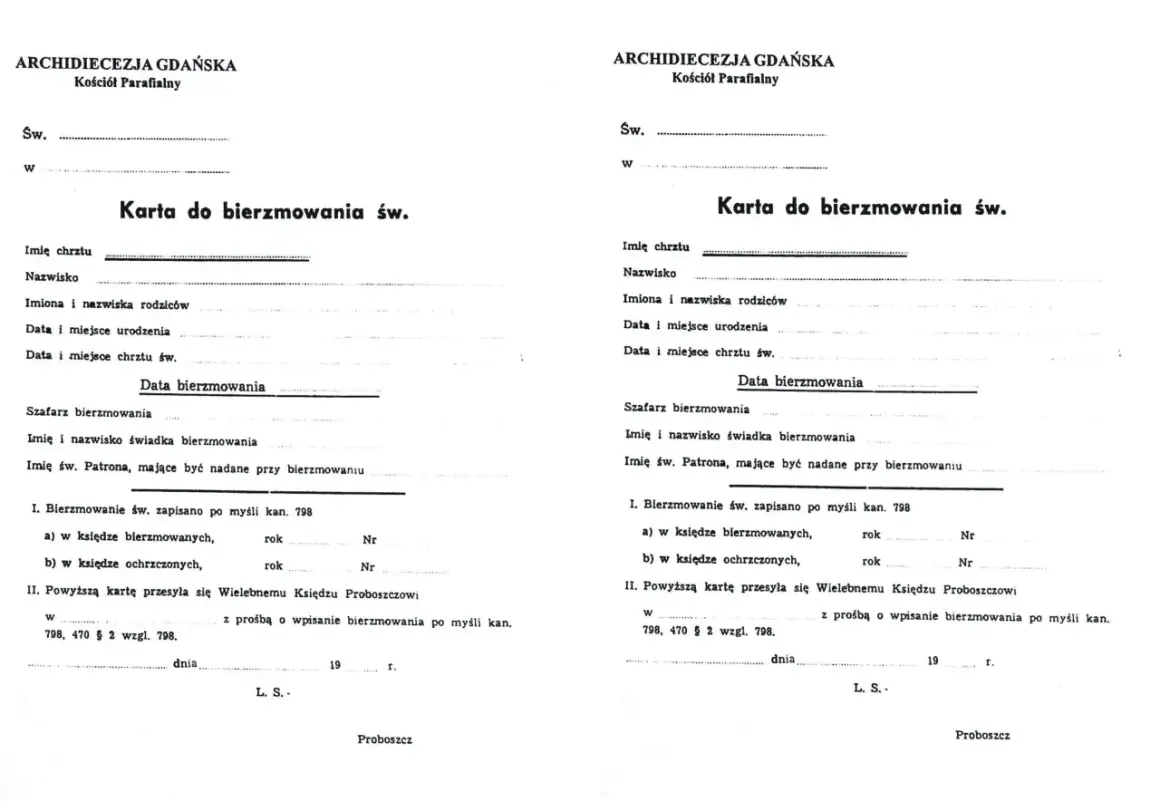 Karta do bierzmowania św. z Archidiecezji Gdańskiej, zawiera dane kandydata, rodziców, świadków i datę sakramentu.