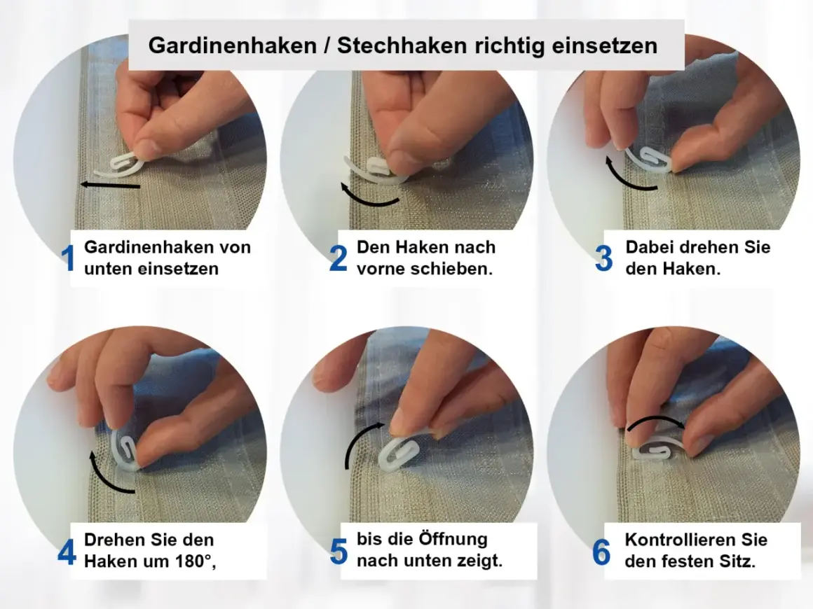 Schritt-für-Schritt-Anleitung: Gardinenhaken richtig anbringen. So setzen Sie die Stechhaken für Ihre Gardinen ein.